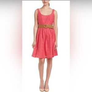 Nine West Lined Coral Midi Tank Dress Pockets Wooden Belt Spring Easter Size 8